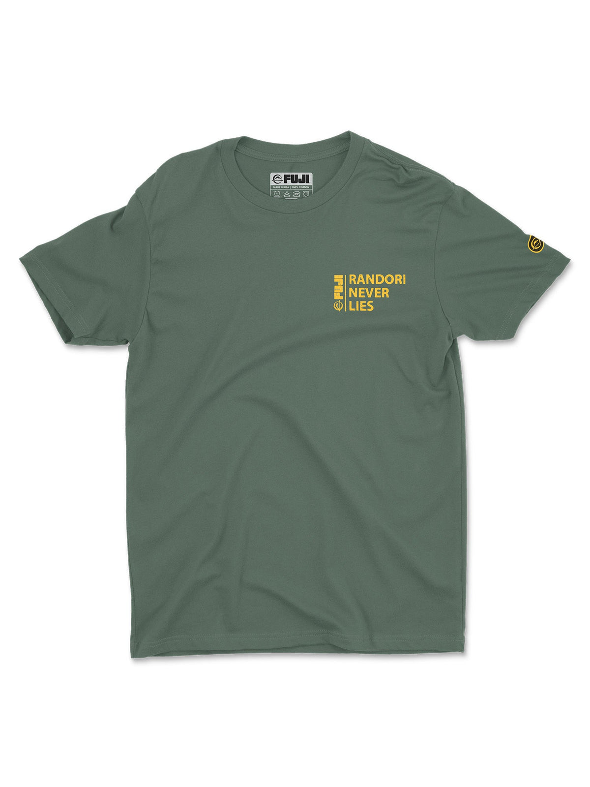The Randori Never Lies Vintage Shirt Green is an olive green short-sleeve t-shirt featuring yellow text on the left chest that reads “FUJI RANDORI NEVER LIES” and a small yellow logo on the left sleeve.