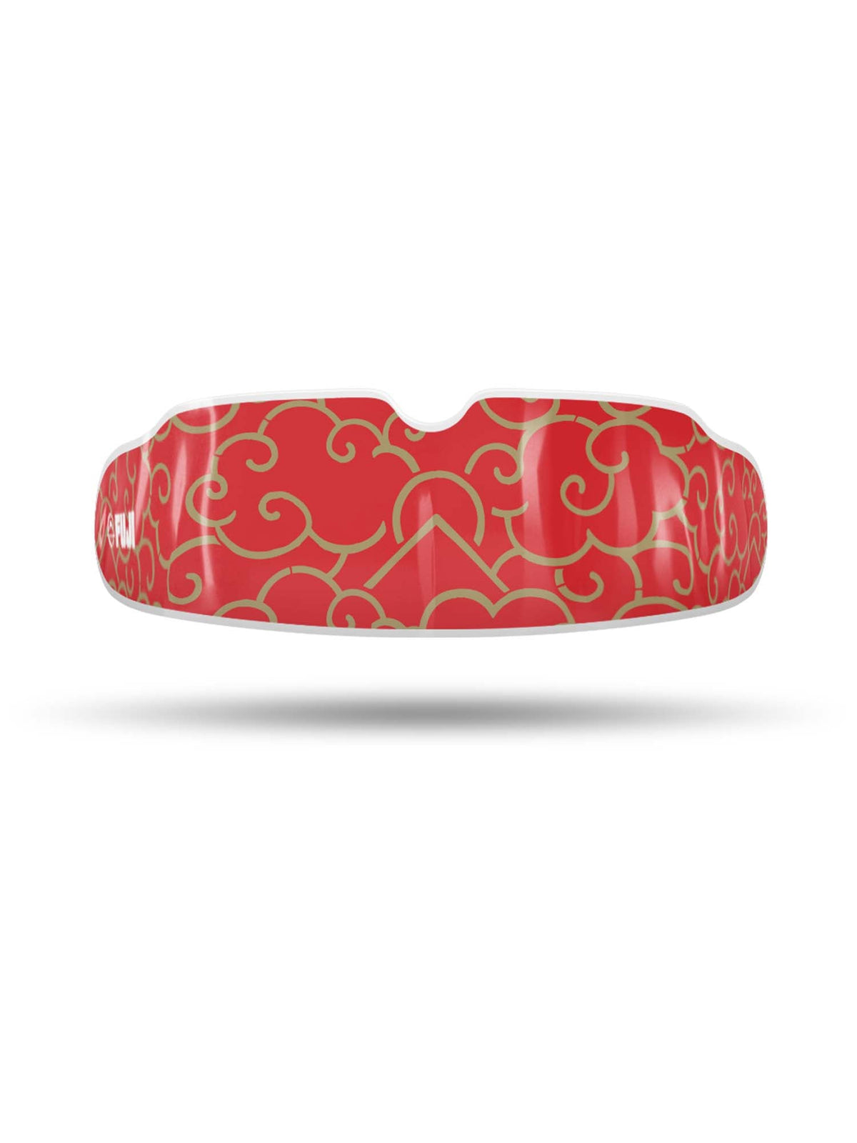 The FUJI Quick Fit Mouth Guard with case – Red Gold Cloud is a red mouthguard with a glossy finish, accented by an intricate gold swirling cloud pattern across its curved surface.