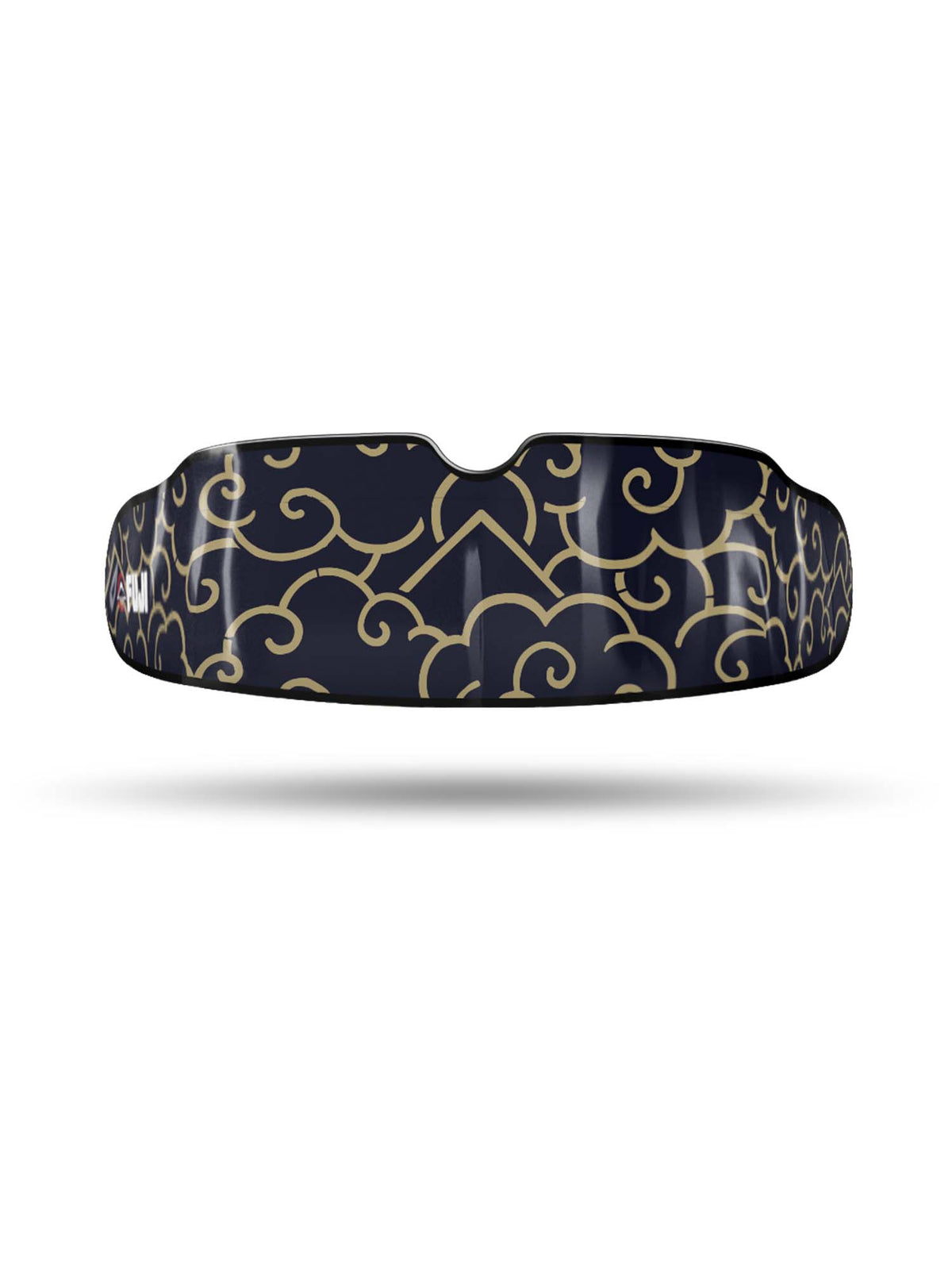 The FUJI Quick Fit Mouth Guard with case – Black Gold Cloud is a black sports mouthguard featuring an elegant gold swirling cloud pattern, shown against a white background with a shadow beneath it.