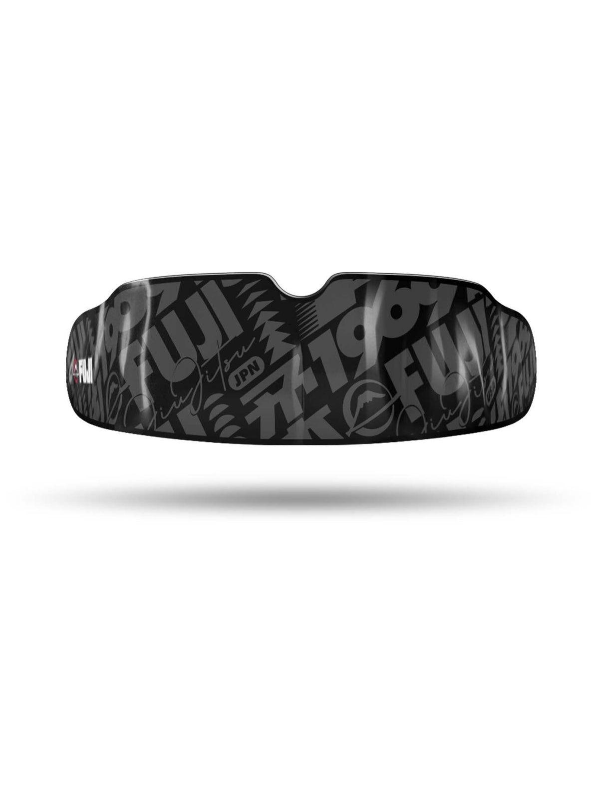 The FUJI Quick Fit Mouth Guard with case – Shadow Stealth is shown on a white background, featuring a black curved design with subtle gray graphics and the text FUJI and JPN, plus a slight shadow beneath.
